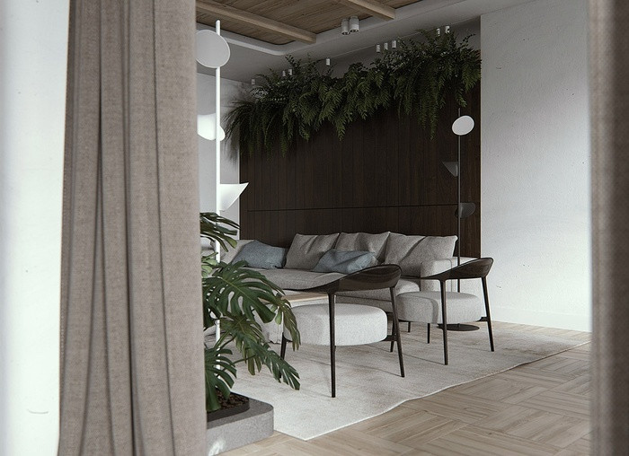 Bức tường màu nâu sẫm trong phòng khách cũng là nơi chủ nhà trồng thêm cây xanh.