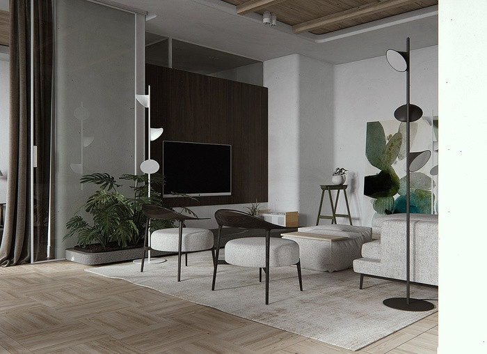 Cạnh bàn TV, chủ nhà cũng bài trí một chậu cây lớn. Anh đã lựa chọn loại cây ưa bóng để có thể trồng lâu dài trong không gian ít ánh sáng như căn hộ này.