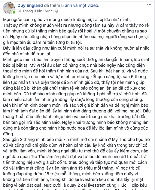 Quản lí cũ đăng đàn tố Minh Béo vô ơn.