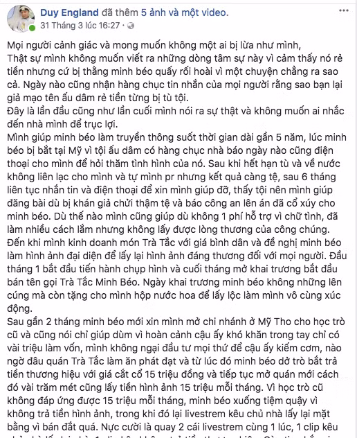 Quản lí cũ đăng đàn tố Minh Béo vô ơn.