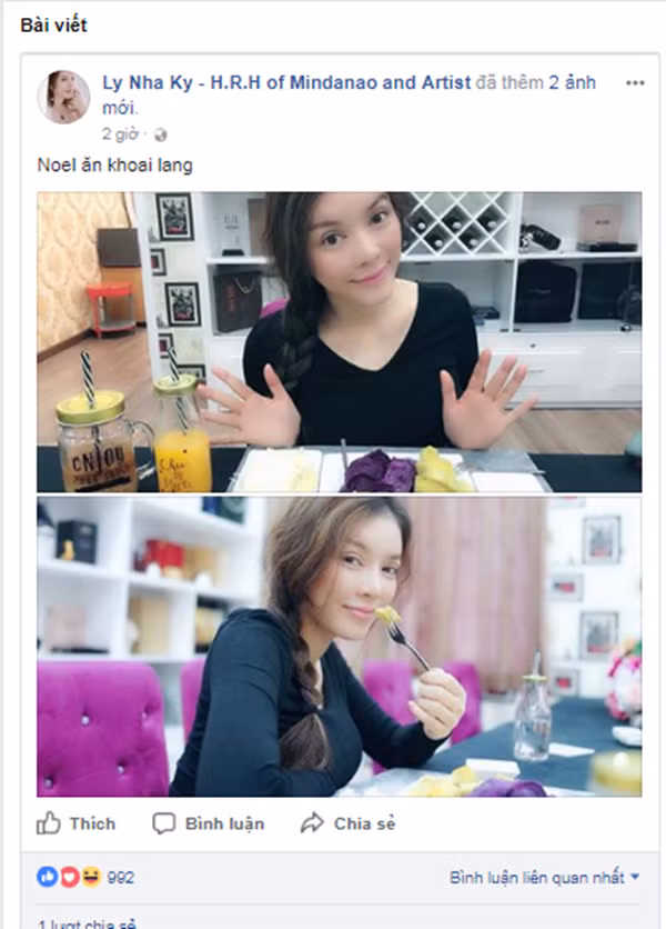 Cuộc sống xa hoa nhưng Lý Nhã Kỳ vẫn có những khoảnh khắc đời thường khiến fan thích thú. Chia sẻ cuộc sống thường nhật, Lý Nhã Kỳ nhận được khá nhiều phản hồi tích cực từ phía cư dân mạng. Có ai ngờ một doanh nhân giàu có lại chọn món khoai lang thay cho những bữa ăn xa hoa để chào đón Noel.