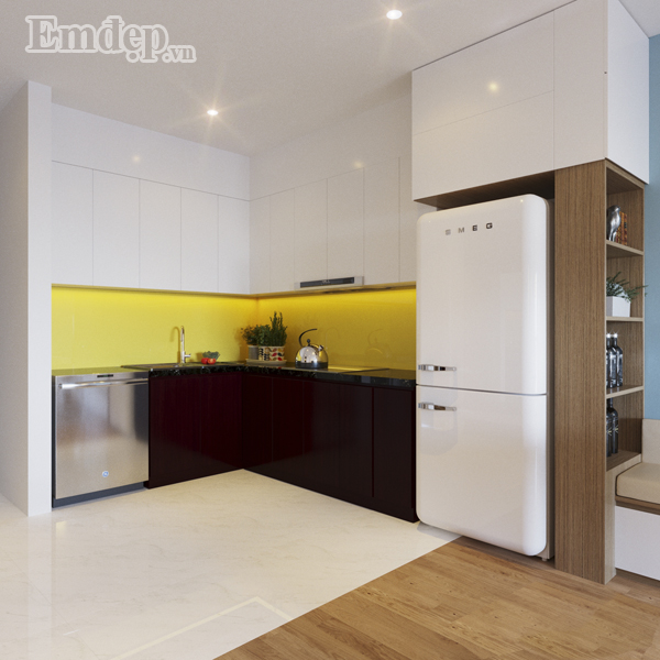 Bếp diện tích không lớn nhưng bài trí gọn gàng với nội thất lưu trữ đa năng. Thiết kế không gian bếp hiện đại, với điểm nhấn chủ đạo là màu pastel trẻ trung, tươi mới.