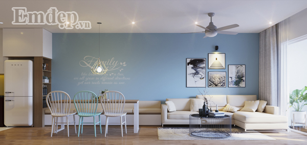 Nội thất tinh tế, tiết chế những góc cạnh cùng gam màu pastel nhẹ nhàng khiến không gian khách - bếp trở nên mềm mại dịu dàng.