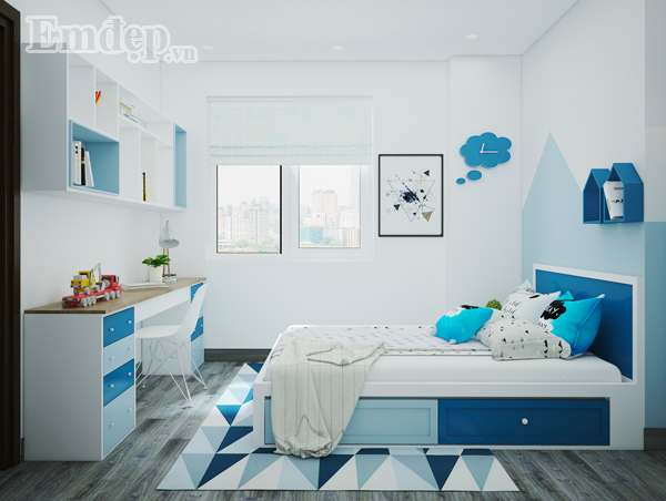 Cũng là màu xanh làm điểm nhấn nhưng căn phòng này được thiết kế nhẹ nhàng hơn căn phòng phía trên.