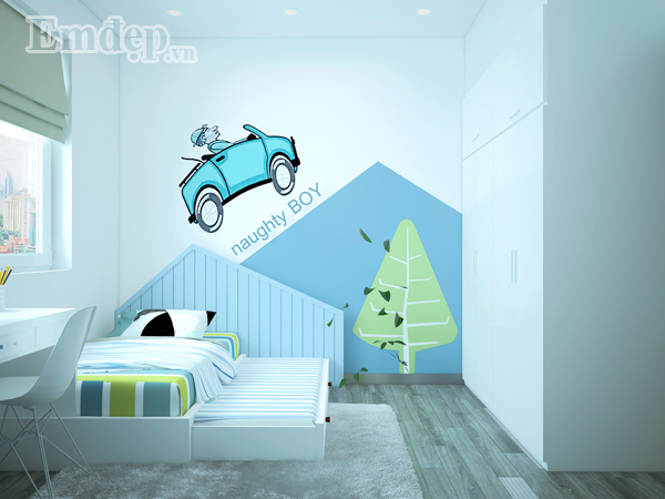 Phòng ngủ con Không gian riêng của các bé mang màu sắc tươi mới và giàu nhịp điệu. Mỗi một không gian được thiết kế phù hợp với tính cách của mỗi bé. Đều sử dụng màu xanh êm dịu với trang trí sinh động là điểm chung của hai căn phòng này.