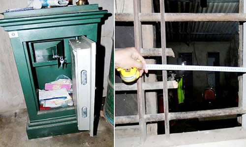Chiếc két sắt bị cạy phá và hiện trường 2 song cửa sổ bị chặt đứt.