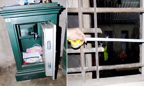 Chiếc két sắt bị cạy phá và hiện trường 2 song cửa sổ bị chặt đứt.