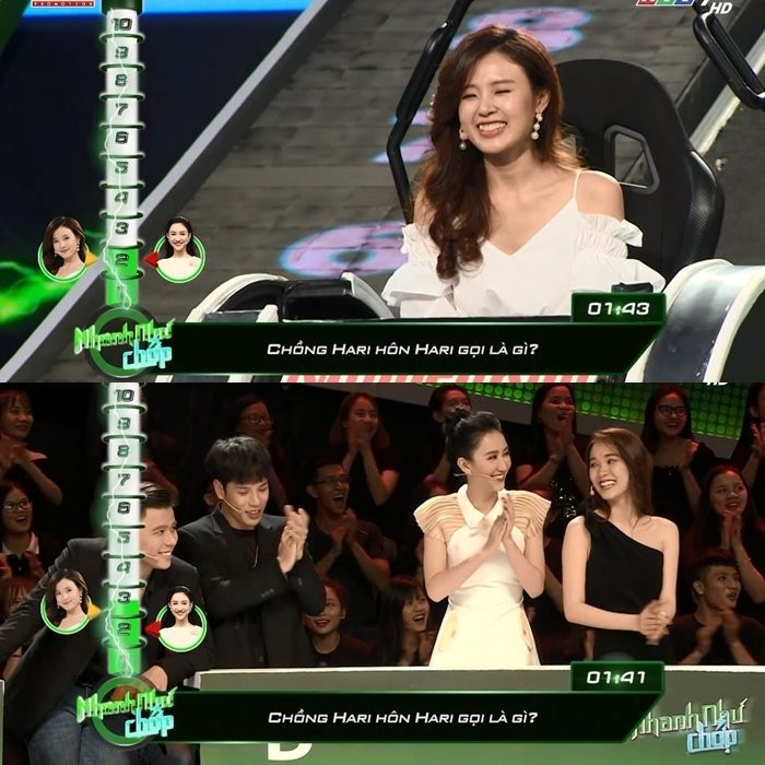 Sau khi Trường Giang đọc câu hỏi ở mức 3 điểm: "Chồng Hari hôn Hari gọi là gì?", đồng đội của Midu tỏ ra lo lắng cho cô vì đây là câu đố mẹo đã khiến người chơi trước trả lời sai. Tuy nhiên, diễn viên "Thiên mệnh anh hùng" lại bật cười khi nghe xong câu hỏi này và nhanh chóng có câu trả lời đúng: "Thành hôn".