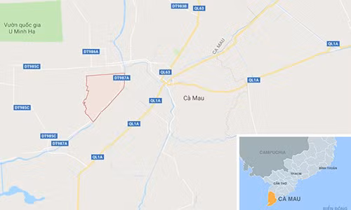 Xã Khánh Bình (màu đỏ) ở Cà Mau. Ảnh: Google Maps.