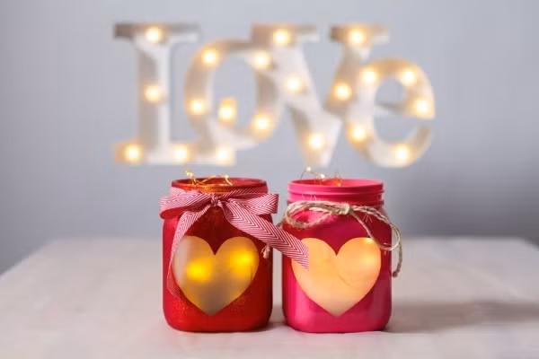 Một chiếc hộp bằng thủy tinh không còn được sử dụng với chức năng chính vẫn có thể mang đến những nét đẹp mới lạ cho căn phòng, như món quà dành tặng cho người bạn đời. Chỉ cần dán decal hình trái tim vào bên trong chiếc lọ. Việc còn lại là sơn toàn bộ màu vào bên trong và đợi sơn khô, bóc decal trái tim. Thắp sáng lọ bằng ánh nến ấm áp cho một Valetine giản dị và ý nghĩa.