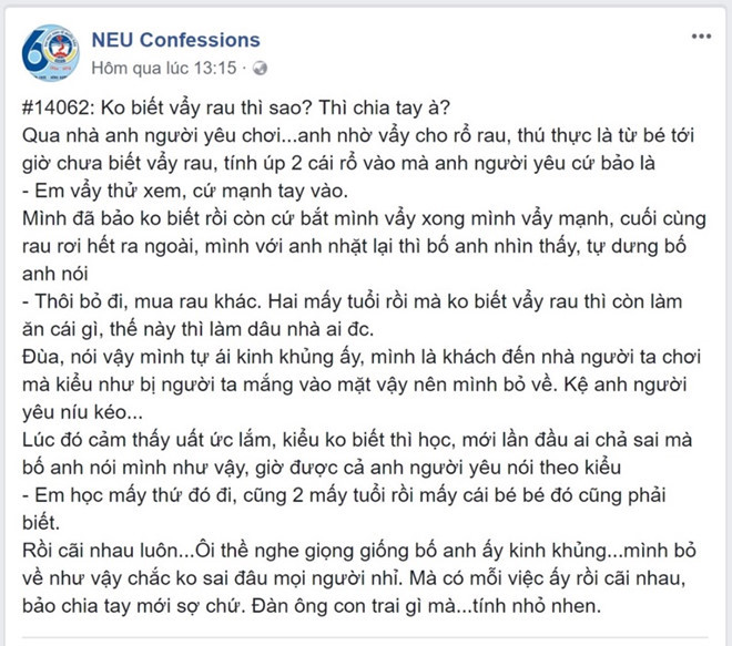 Cô gái bị bố bạn trai chê không biết vẩy rau. Ảnh chụp màn hình.
