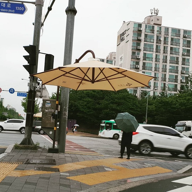 Một chiếc ô được dựng lên dành riêng cho mọi người đang đứng chờ đèn đỏ khi trời mưa.