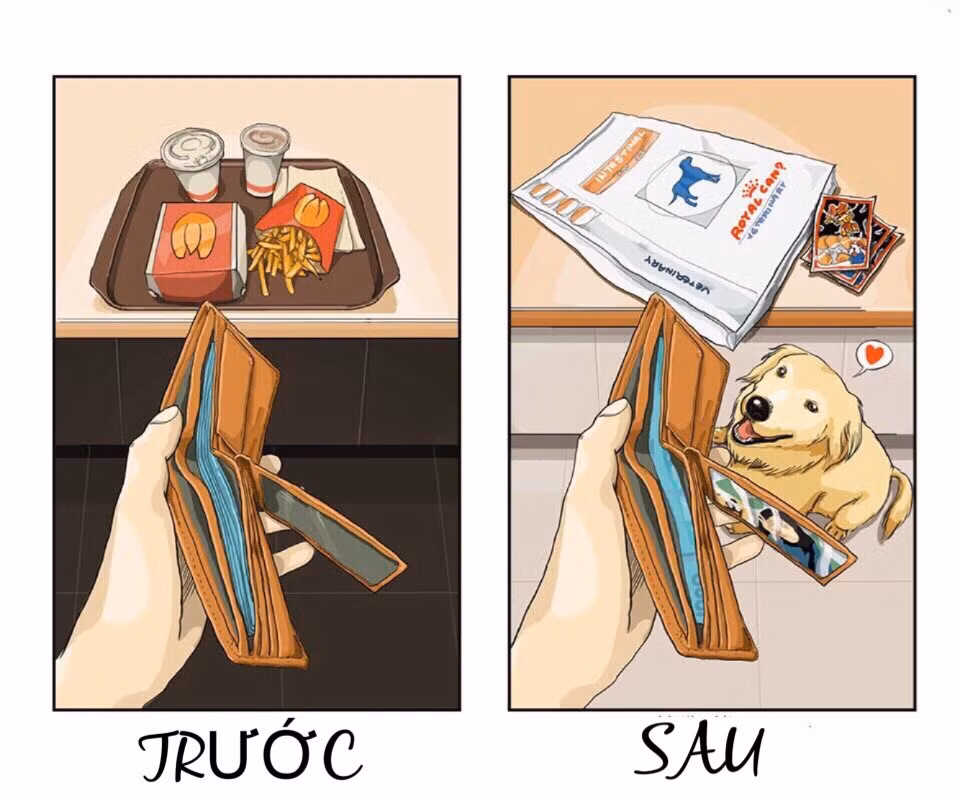 Trước khi rước thú cưng về, ví đầy tiền, bữa ăn nhanh sang chảnh. Sau khi "anh bạn 4 chân" xuất hiện, tiền trong ví vơi dần, ảnh pet nghiễm nhiên nằm ở vị trí dành cho người thương và tất nhiên đôi khi bạn phải "hy sinh" thân mình để nuôi nó.