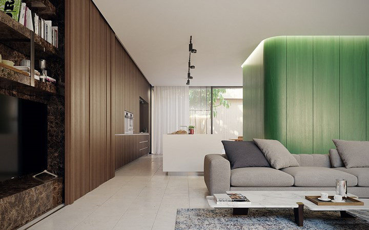 Sử dụng đồ nội thất thấp cùng cách trang trí sàn và trần màu trắng giúp đẩy xa khoảng cách hai khu vực này khiến căn nhà lúc nào trông cũng rộng và thoáng.