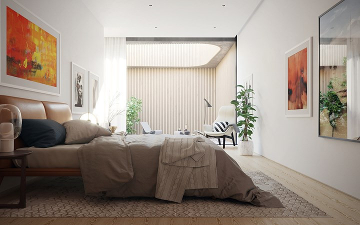 Toàn bộ khu vực sinh hoạt trong nhà bao quanh lấy khoảng sân lộ thiên để lấy ánh sáng, trong đó thiết kế phòng ngủ cũng không ngoại lệ.