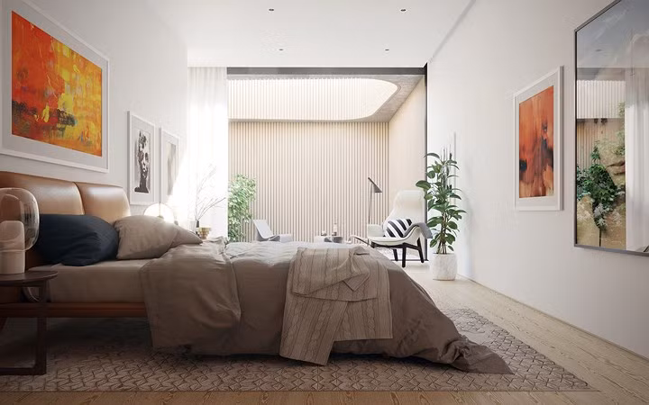 Toàn bộ khu vực sinh hoạt trong nhà bao quanh lấy khoảng sân lộ thiên để lấy ánh sáng, trong đó thiết kế phòng ngủ cũng không ngoại lệ.