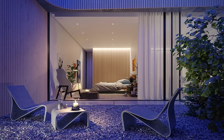 Vào ban đêm ánh sáng nhân tạo từ các loại đèn tạo cảm giác ngôi nhà như mặc thêm một lớp áo khác.