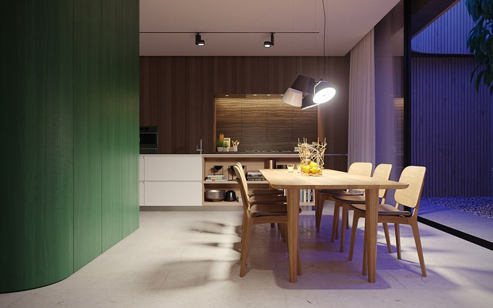 Ngoài hệ thống đèn âm tường, đèn màu, ở mỗi khu vực chức năng như bếp nấu, bàn ăn đều có thêm đèn chiếu sáng riêng biệt.