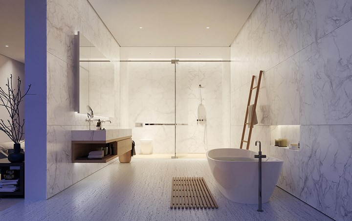 Phòng tắm toát lên sự sạch sẽ và sang trọng nhờ đá cẩm thạch, granit và đèn Led màu trắng.