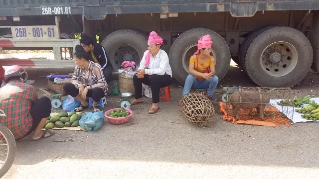 Tận dụng bóng râm của xe ô tô làm nơi bán hàng không chỉ giúp các chị đỡ mệt hơn mà còn làm những mớ rau tươi lâu và những chú lợn cắp nách cũng có chỗ nằm mát mẻ.