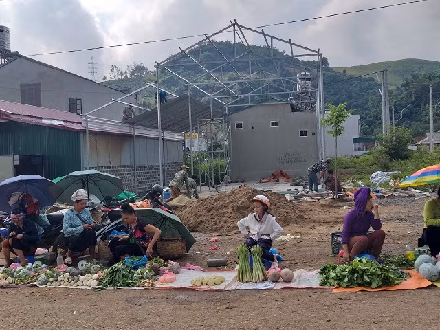 Em nhỏ tranh thủ nghỉ hè lại mang rau quả đi bán giúp mẹ.