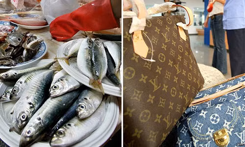 Ba ngoai dung tui hieu LV cua chau trai tang de di cho mua ca