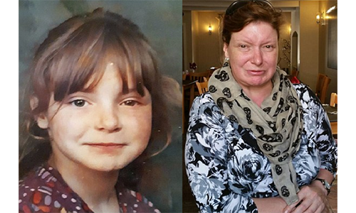 Hình ảnh bà Cate Wallwork khi còn nhỏ và hiện tại.