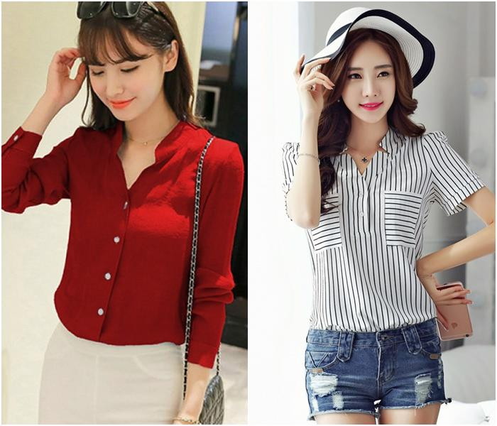 Áo sơ mi Áo sơ mi là item cơ bản nhất không thể thiếu trong tủ đồ của các chị em. Áo sơ mi có thể mặc đi chơi hoặc đi làm đều rất lịch sự và trẻ trung. Trang phục này dễ mặc, có nhiều kiểu phù hợp với mọi vóc dáng. Kiểu áo này có thể mix cùng chân váy, quần jeans, quần short...