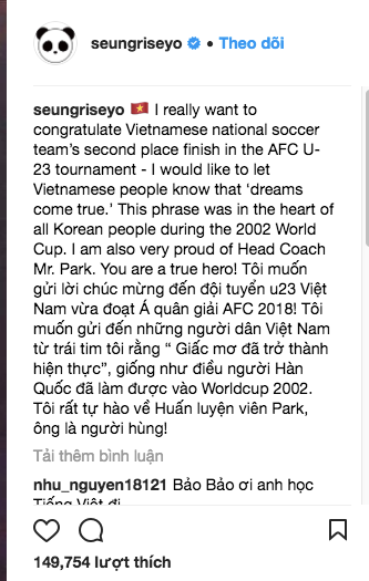 Seungri (BIGBANG) chúc mừng đội U23 Việt Nam bằng tiếng Anh và tiếng Việt trên tài khoản Instagram.