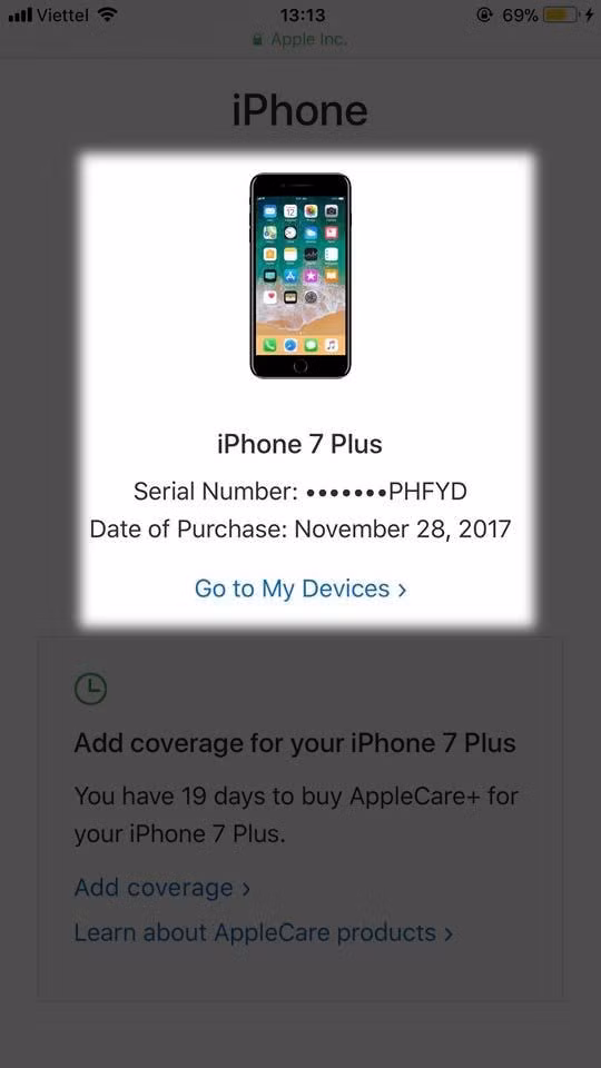 Khi kiểm tra số sê-ri đã khớp nhau thì bạn bấm vào tên thiết bị. Tại đây sẽ có những thông tin quan trọng mà bạn cần biết như ngày kích hoạt bảo hành.