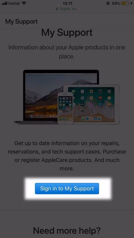 Đầu tiên, các bạn vào trang web kiểm tra thông tin bảo hành chính chủ của Apple ở đây. Khi thấy giao diện như hình dưới, hãy bấm Sign in to My Support, sau đó bạn đăng nhập bằng Apple ID đang đăng nhập trên iPhone, iPad cần kiểm tra.