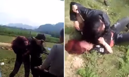 Hai cô gái vùng cao đánh nhau (Ảnh cắt từ clip)