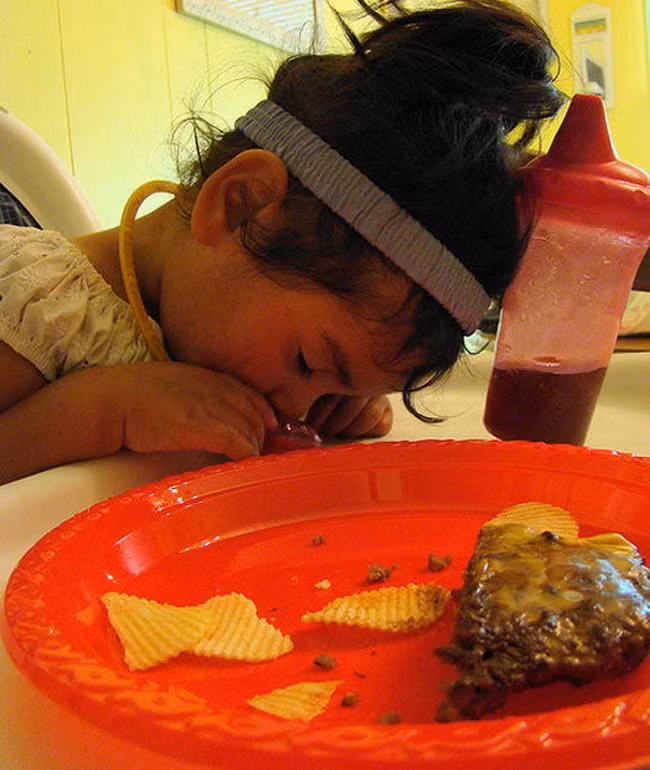 Cơn buồn ngủ ập đến bất ngờ thì đang ăn cũng chịu.