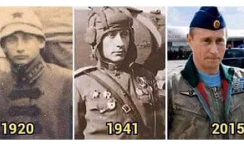 Hình ảnh 2 người lính Liên Xô được chụp vào các năm 1920, 1941 và Tổng thống Putin vào năm 2015.