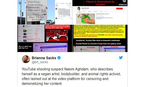 Nghi phạm vụ xả súng tại văn phòng trụ sở Youtube là Nasim Aghdam, người mô tả bản thân là một "nghệ sĩ ăn chay", vận động viên thể hình và là nhà hoạt động vì quyền lợi của động vật. Cô thường xuyên chỉ trích nền tảng chia sẻ video vì kiểm duyệt và "cắt tiền" các nội dung của cô.