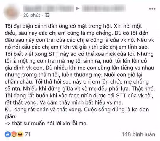 Chia sẻ của người chồng gây nhiều tranh cãi.