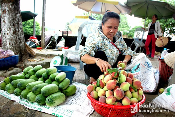 Những quả dưa nại, đào Mông được đưa từ núi rừng biên giới Việt - Lào về với phố huyện Kim Sơn (Quế Phong). Ảnh: Hùng Cường.