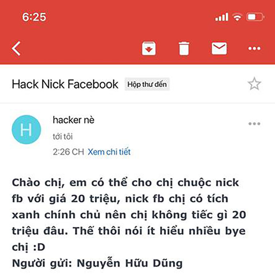 Nam Thư chia sẻ nội dung mail hacker gửi cho mình, đòi tiền chuộc lại trang cá nhân là 20 triệu đồng.