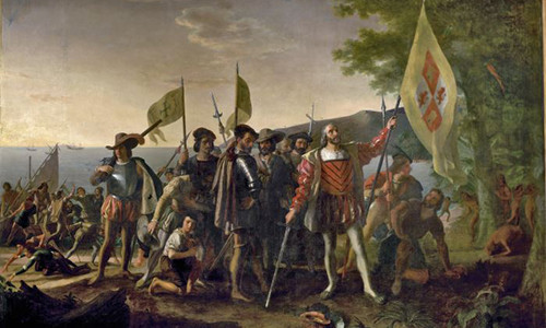 Tranh vẽ cuộc đổ bộ của Columbus trên một hòn đảo được người bản địa gọi là Guanahani và được ông gọi là San Salvador vào ngày 12 tháng 10 năm 1492. Ông dựng cột cờ Hoàng gia Tây Ban Nha, tuyên bố sự bảo trợ của Tây Ban Nha cho vùng đất này. Những người thổ dân sợ hãi đứng quan sát từ sau những bụi cây. Tranh vẽ bởi John Vanderlyn.