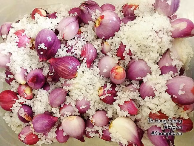 Bước 2: Chuẩn bị một cái hộp nhựa to hoặc bát to, xếp một lớp hành, một lớp muối hột, lần lượt cho đến hết.