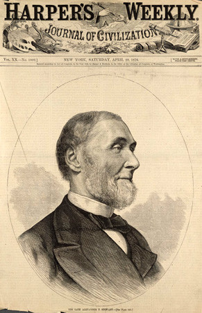 Bức chân dung tỷ phú Alexander T. Stewart trên bìa tạp chí Harpers Weekly, loan tin về cái chết của ông.