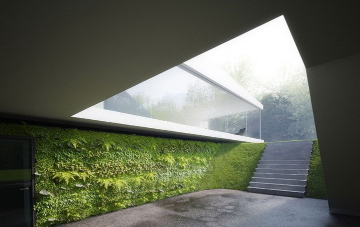 Cầu thang dẫn xuống gara ô tô làm bằng bê tông.