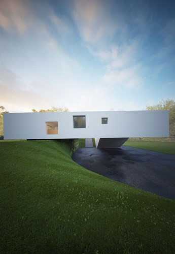 Nhà nằm trên dốc và được gắn kết bằng khối bê tông hình cánh tay vững chãi. Phía dưới nhà là một con đường rải nhựa đồng thời cũng là gara ô tô.