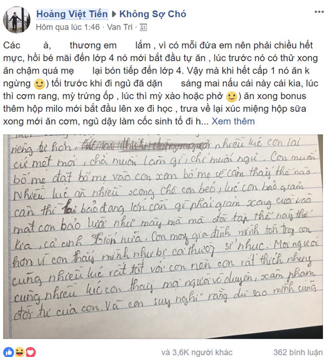 Việt Tiến chia sẻ về bức tâm thư của cô em gái mong tất cả hiểu rằng chê người khác béo là hành động gây tổn thương. Ảnh chụp màn hình.