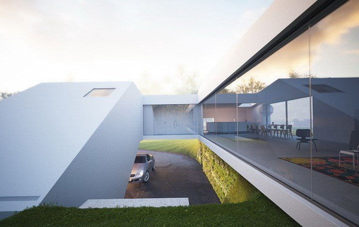 Mái nhà là những đường cắt sắc nét, đổ dốc thoai thoải tạo đường thoát nước vào mùa mưa.