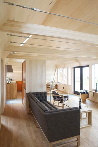 Phòng khách được bố trí ghế ngồi tối màu tạo điểm nhấn.