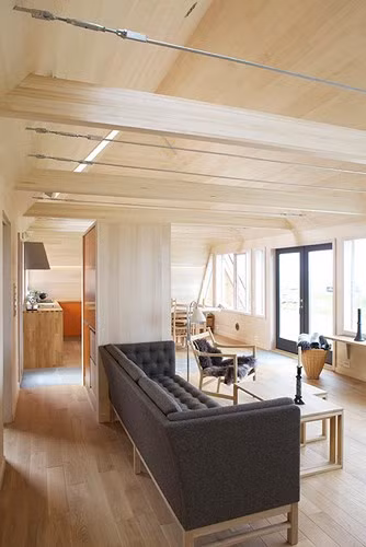 Phòng khách được bố trí ghế ngồi tối màu tạo điểm nhấn.