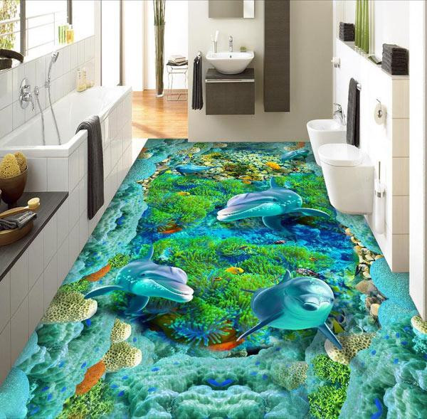 Những hình ảnh hay được sử dụng trong thiết kế sàn 3D, đặc biệt là sàn nhà tắm thường là hình biển cả, thiên nhiên, suối nước,... nhằm tạo cảm giác mát mẻ, tươi mới, khoáng đạt như đang ở ngoài thiên nhiên thực sự.
