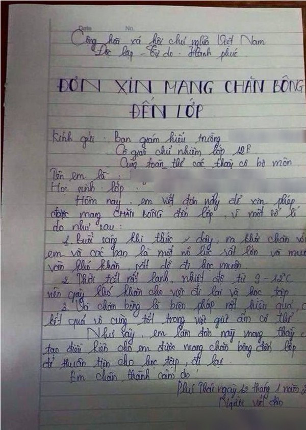 Thậm chí, còn có bạn còn “lịch sự” biên hẳn đơn xin phép được mang chăn nữa cơ!