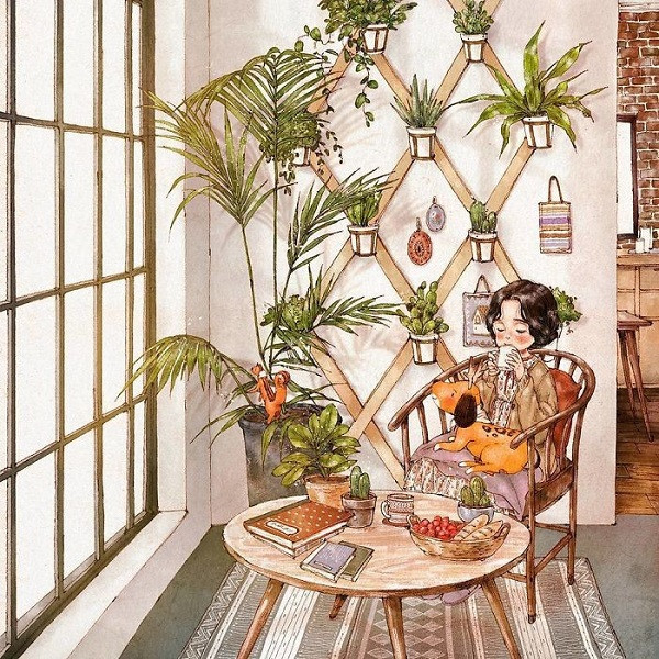 Ngày cuối tuần có thể ngồi ườn chẳng làm gì, chỉ cần một tách cafe và một chú chó nhỏ.